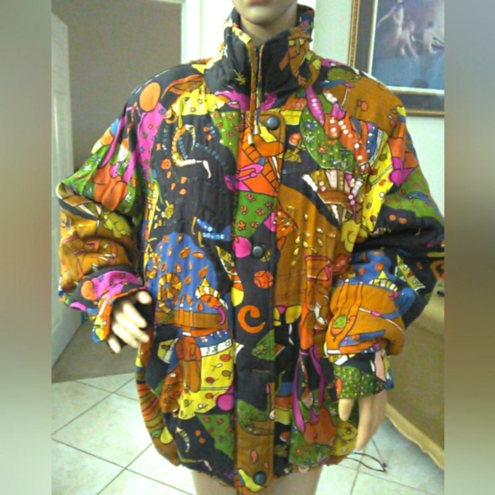VINTAGE JA Resort Multicolor Abstract Jacket SZ.XL Cushioned Sequin Zip Up Pkts